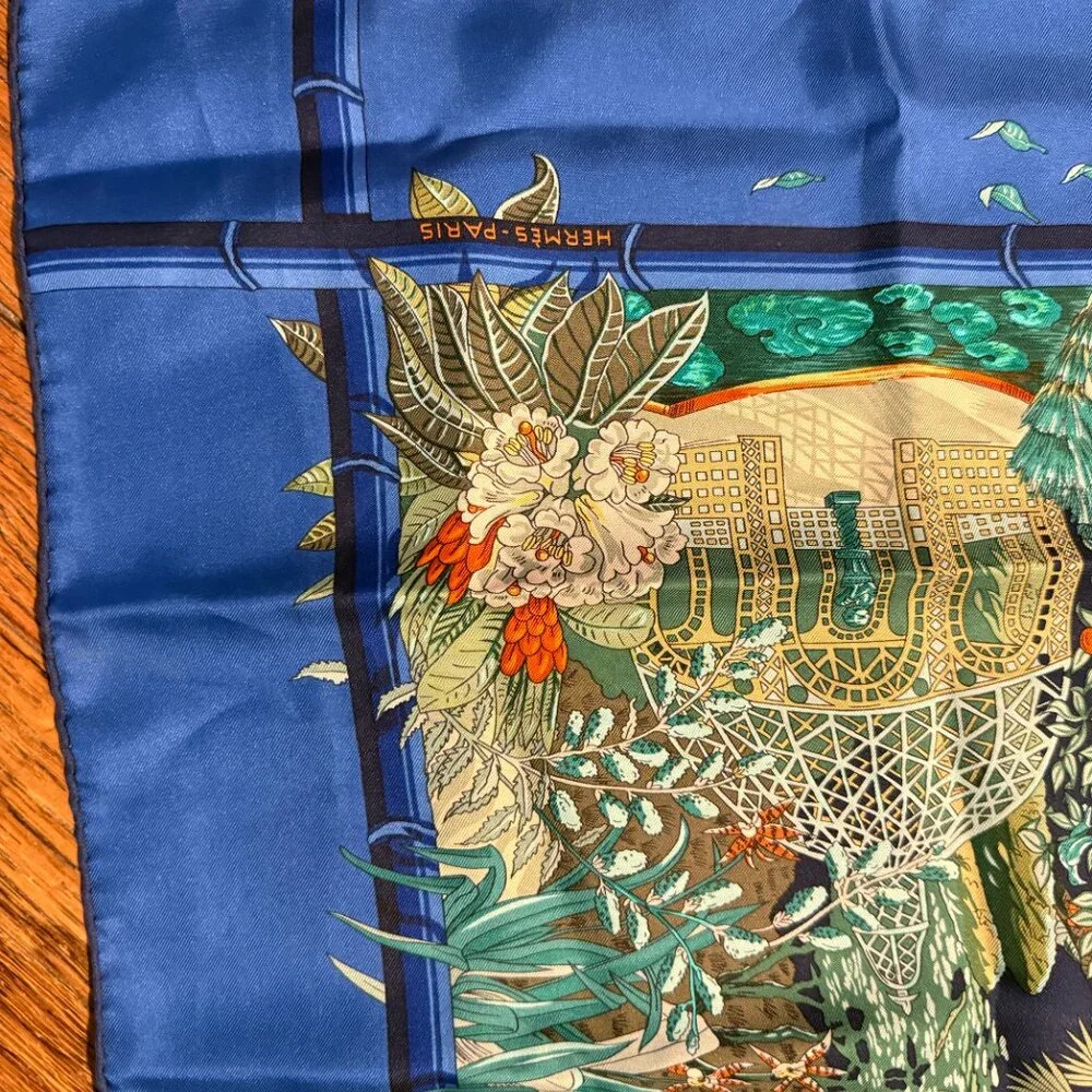 hermes annie faivre jardin l'hiver 90 silk scarf blue - Picture 2 of 6